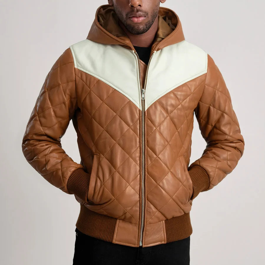 Men’s Norman tan diamond quilted leather jacket with rib knit cuffs and hem