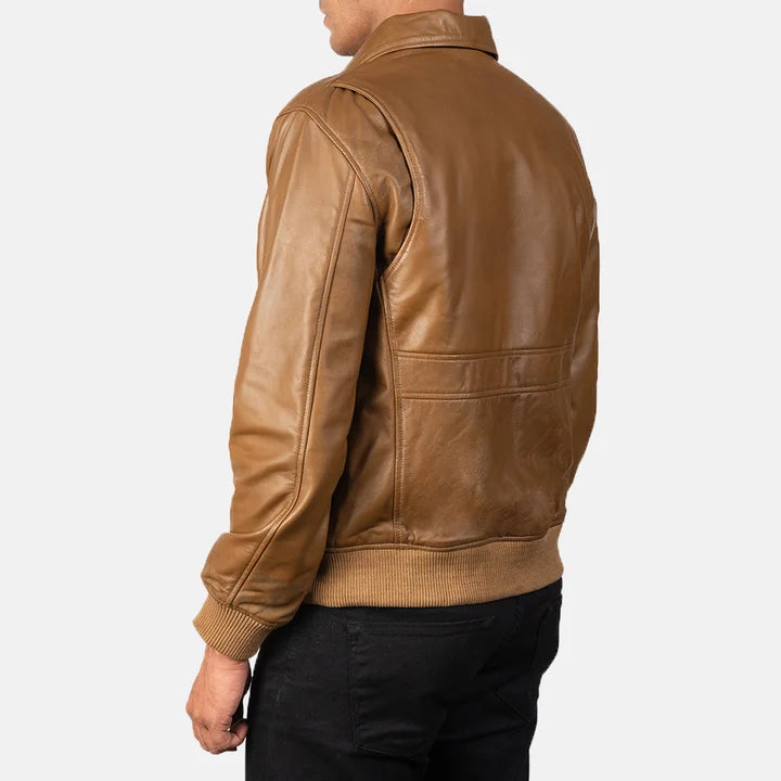 Coffmen olive brown A2 leather bomber jacket back view close-up