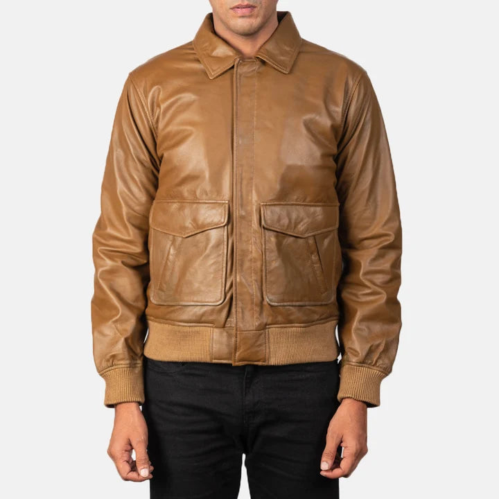 Coffmen olive brown A2 leather bomber jacket close-up front detail