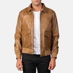 Coffmen olive brown A2 leather bomber jacket front view on model