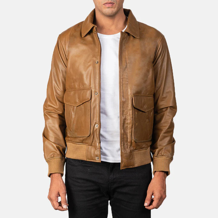 Coffmen olive brown A2 leather bomber jacket front view on model