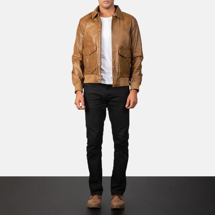 Coffmen olive brown A2 leather bomber jacket full body styling with jeans