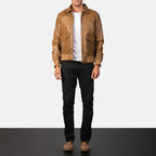 Coffmen olive brown A2 leather bomber jacket full body styling with jeans
