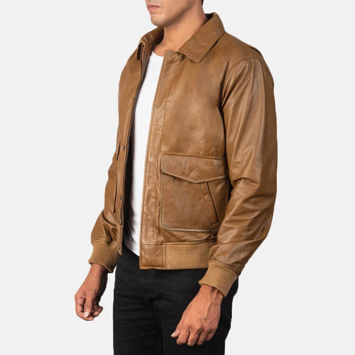 Coffmen olive brown A2 leather bomber jacket side view