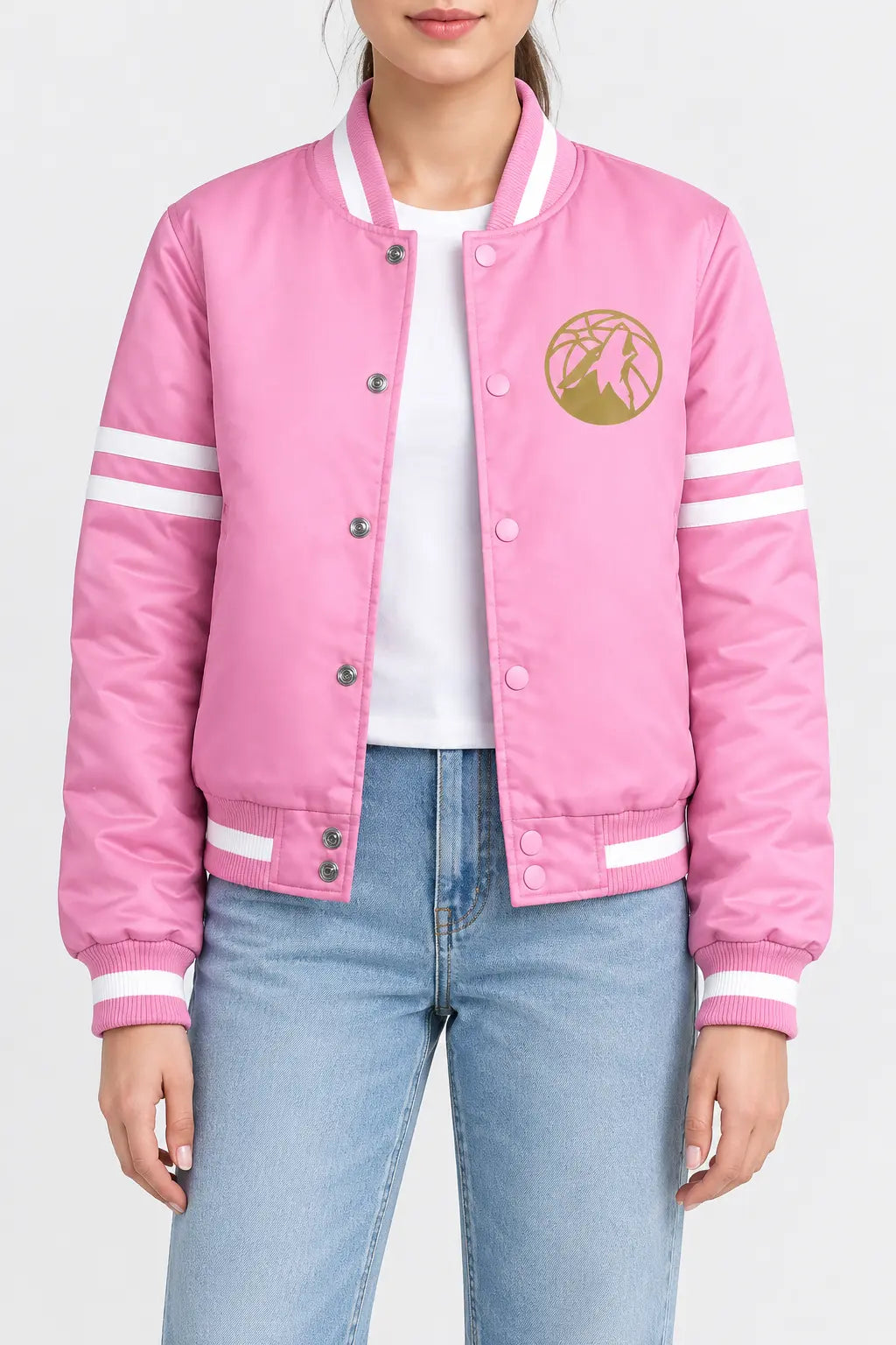 Women’s pink satin full-snap varsity jacket with white striped rib collar, cuffs and sleeve stripes