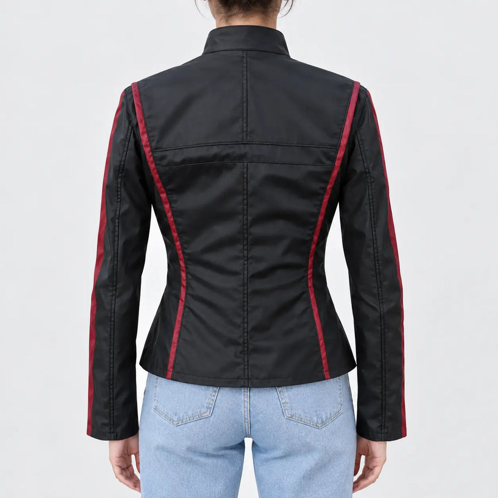 Women’s black PU leather jacket with red contrast stripes and fitted waist, back view