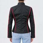 Women’s black PU leather jacket with red contrast stripes and fitted waist, back view