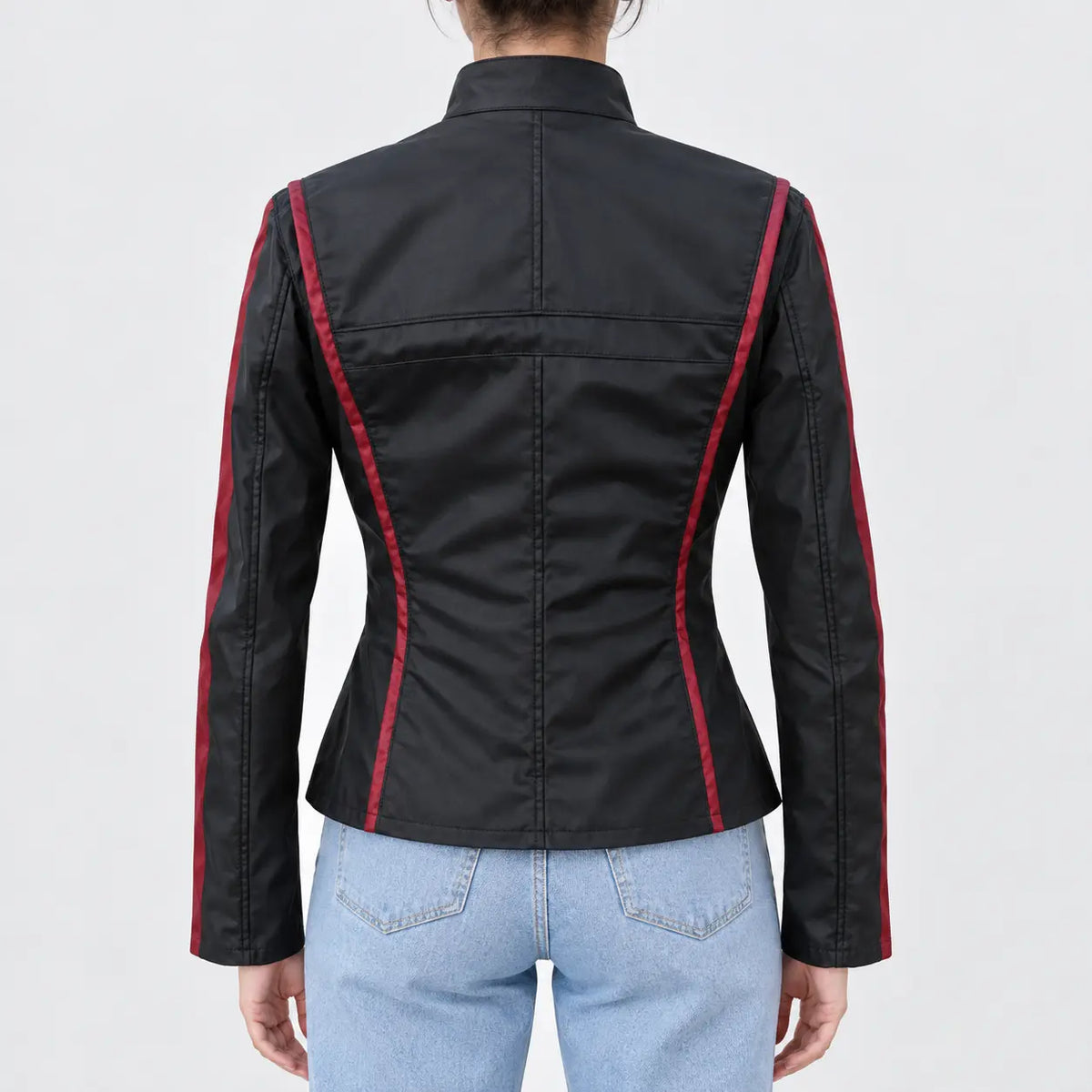 Women’s black PU leather jacket with red contrast stripes and fitted waist, back view
