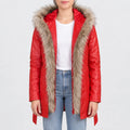 Women’s red leather belted coat with faux fur trimmed hood, front zipper and tie belt
