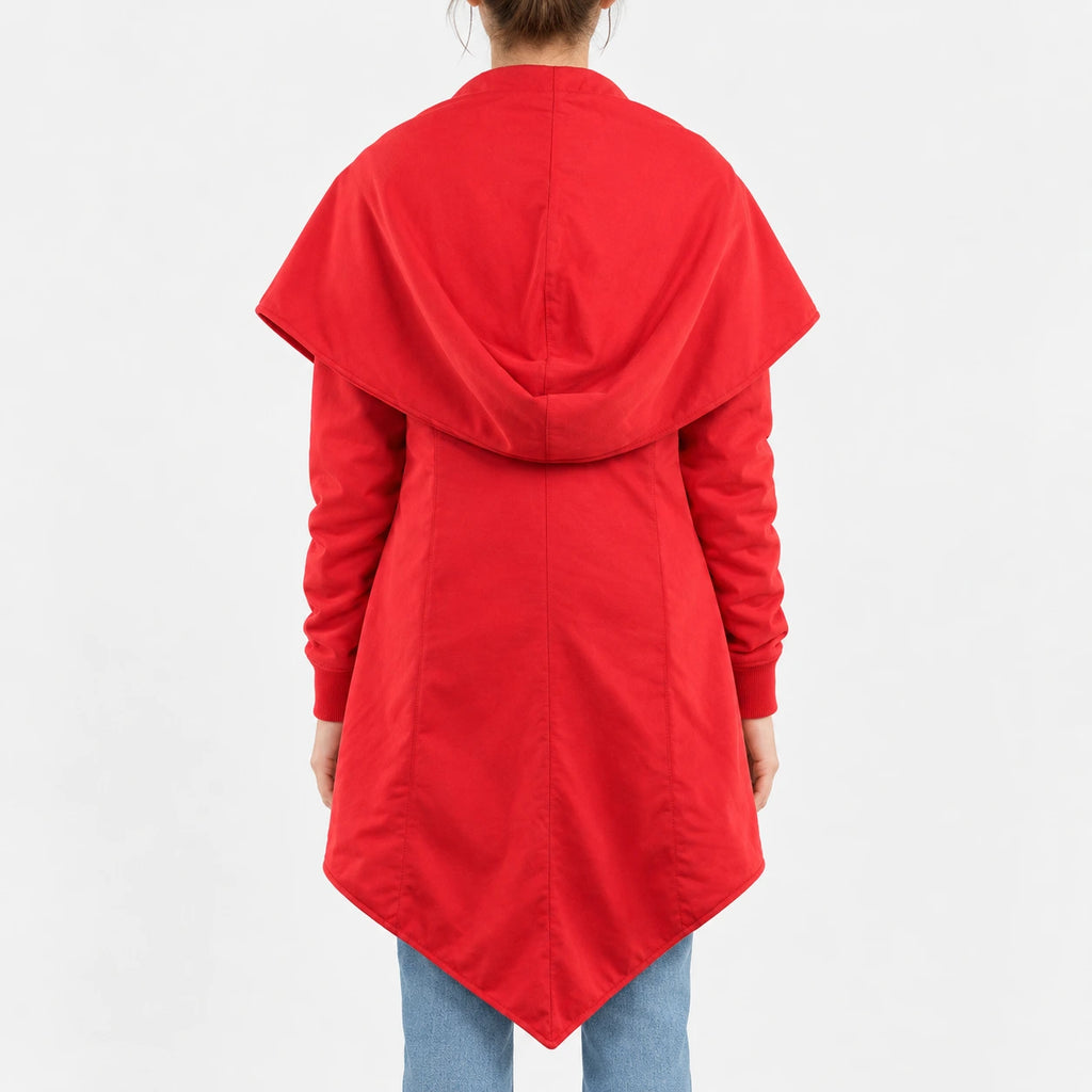 Women’s red fleece open front coat with oversized draped collar and asymmetrical hem