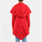 Women’s red fleece open front coat with oversized draped collar and asymmetrical hem