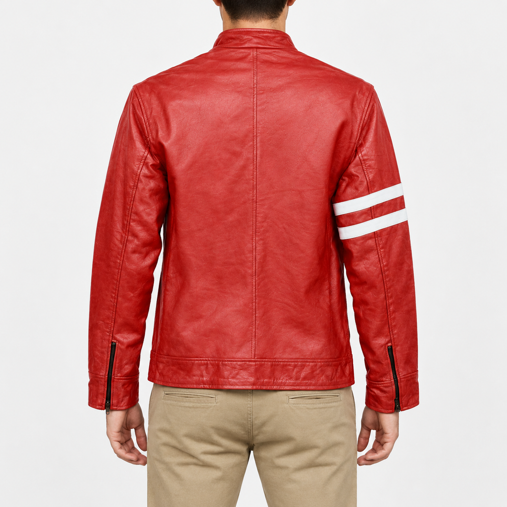 Men’s red racer leather jacket with white sleeve stripes, stand collar and straight hem