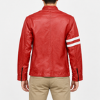 Men’s red racer leather jacket with white sleeve stripes, stand collar and straight hem