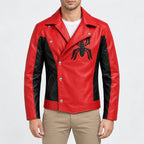 Men’s red and black asymmetrical leather moto jacket with lapel collar, snap buttons and black spider patch