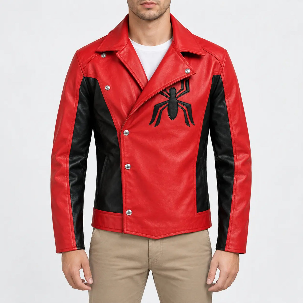 Men’s red and black asymmetrical leather moto jacket with lapel collar, snap buttons and black spider patch