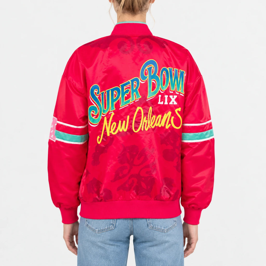 Women’s red satin varsity bomber jacket with rib-knit collar, cuffs and hem, and teal sleeve stripes
