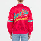 Women’s red satin varsity bomber jacket with rib-knit collar, cuffs and hem, and teal sleeve stripes