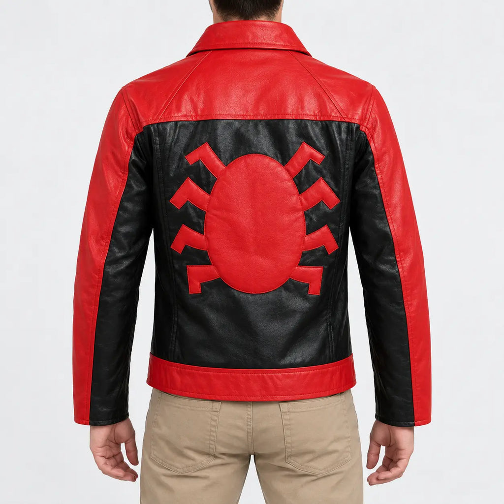 Men’s red and black leather moto jacket with black side panels and full-length sleeves
