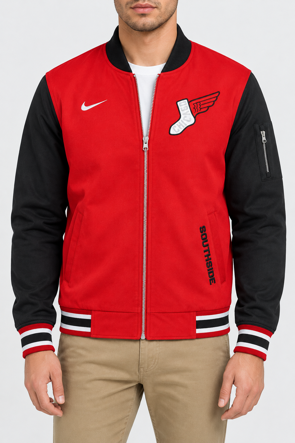 Men’s Red and Black Fleece Varsity Bomber Jacket with Striped Rib Trim
