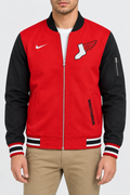 Men’s Red and Black Fleece Varsity Bomber Jacket with Striped Rib Trim
