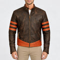 Men’s distressed brown real leather biker jacket with tan sleeve stripes, stand collar and front zipper