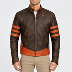 Men’s distressed brown real leather biker jacket with tan sleeve stripes, stand collar and front zipper