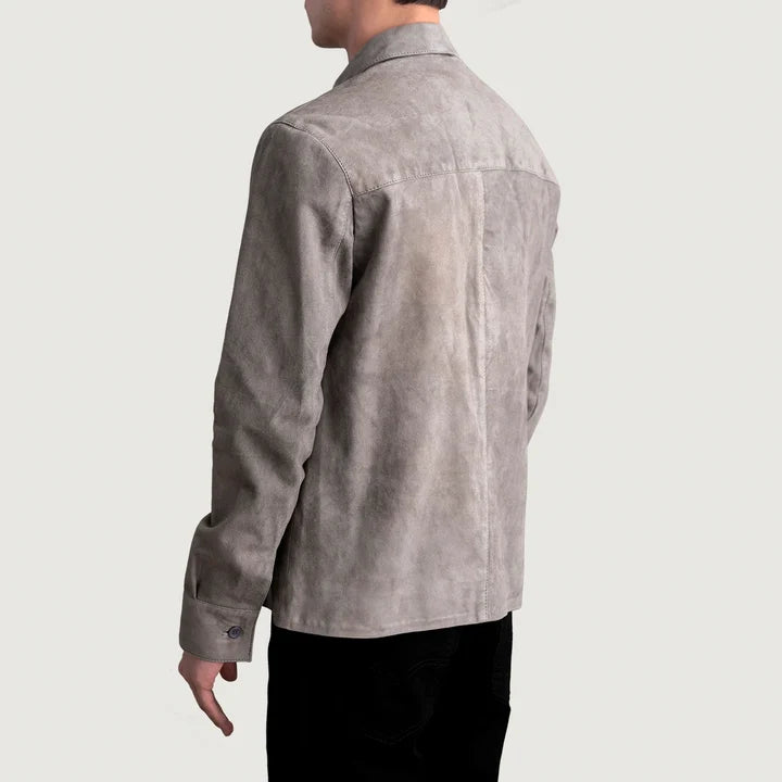 Back view of a man wearing Scout Grey Suede Leather Shirt