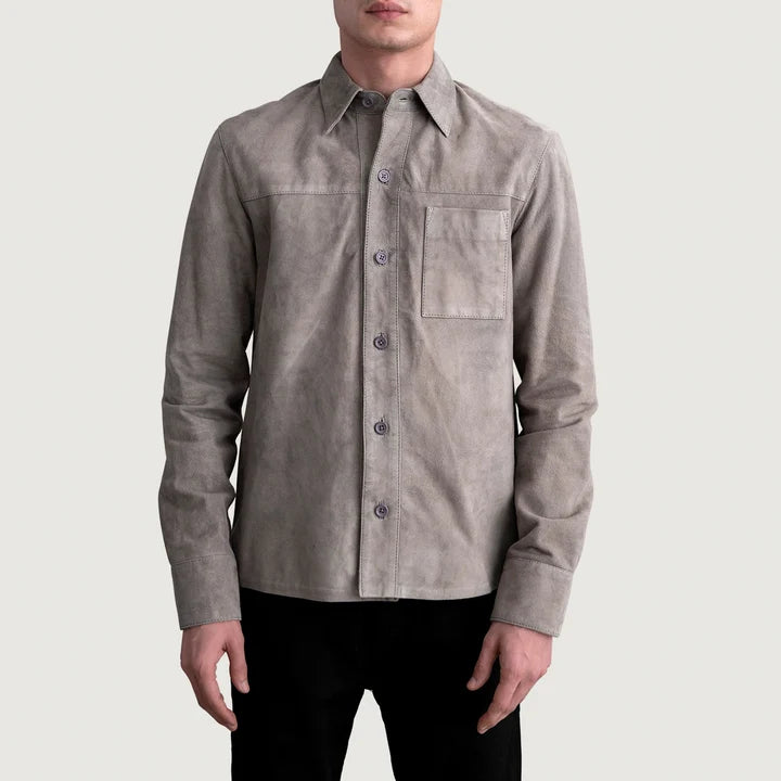 Close up view of collar and suede fabric on Scout Grey Suede Leather Shirt
