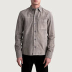 Close up view of collar and suede fabric on Scout Grey Suede Leather Shirt