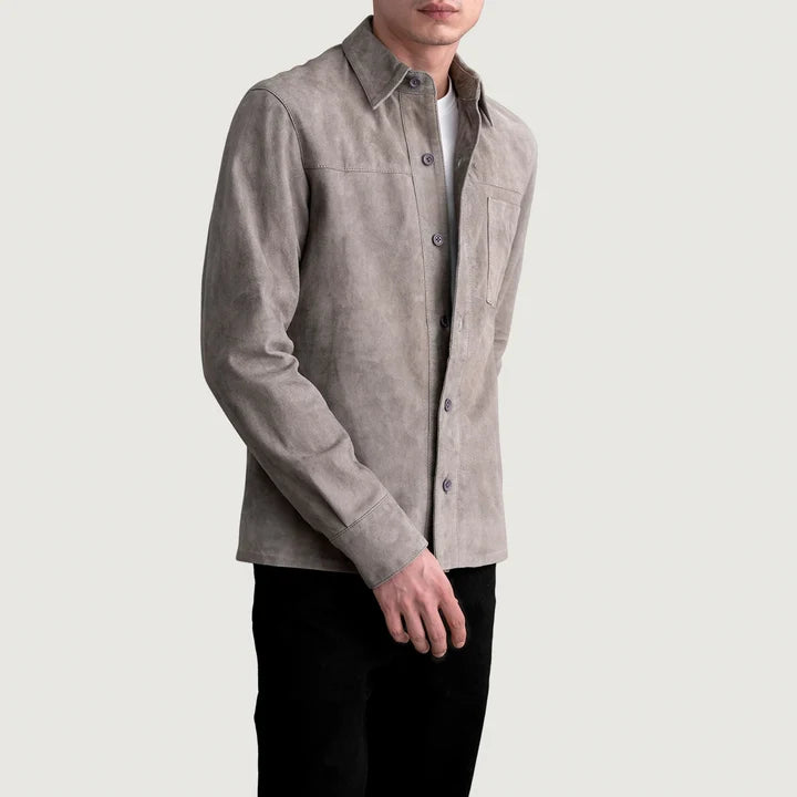 Side front view of Scout Grey Suede Leather Shirt on male model