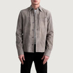Front view of Scout Grey Suede Leather Shirt paired with black trousers