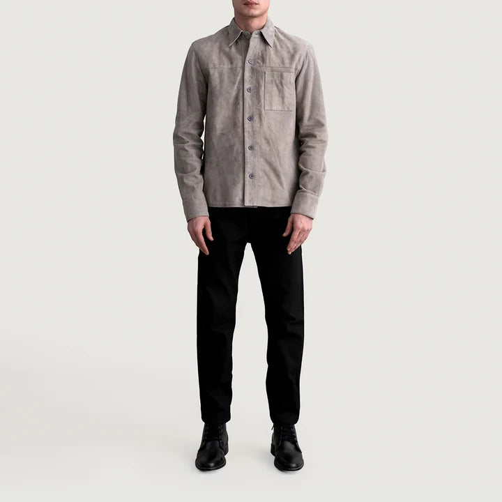 Full front view of man wearing Scout Grey Suede Leather Shirt