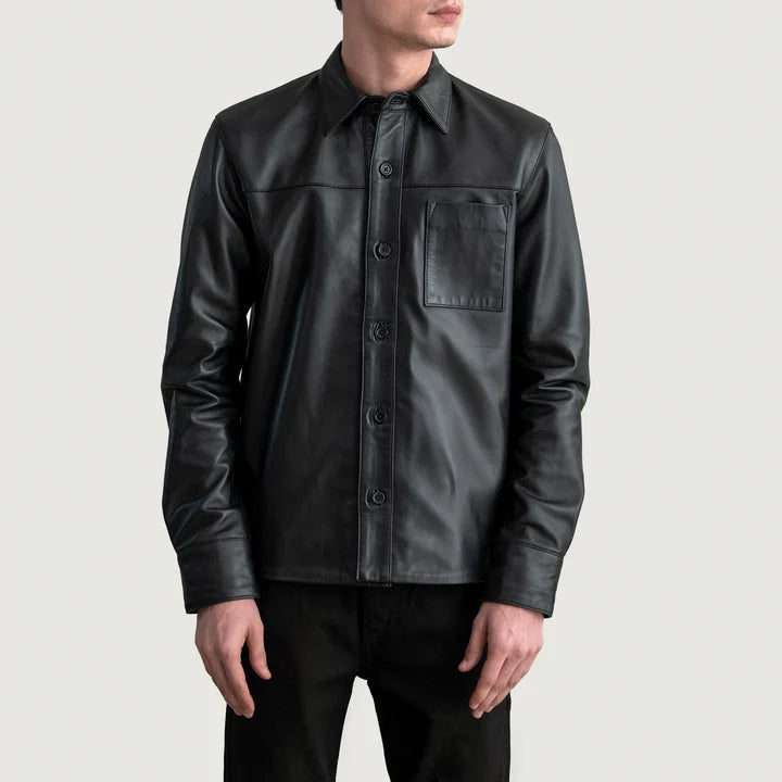Male model wearing Scout Black Leather Shirt full length shot