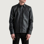 Male model wearing Scout Black Leather Shirt full length shot