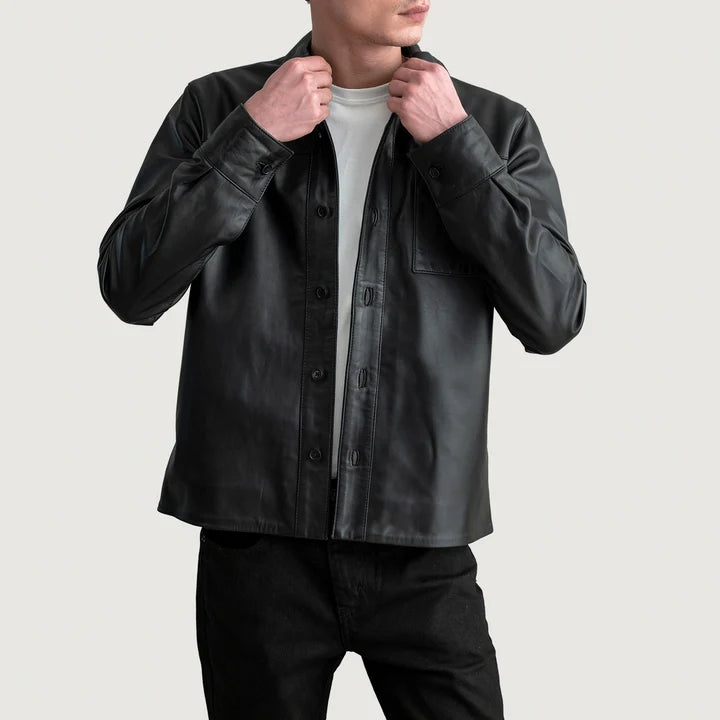 Full front view of Scout Black Leather Shirt on male model