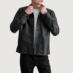 Full front view of Scout Black Leather Shirt on male model