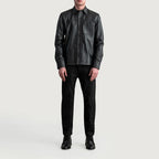 Front standing view of Scout Black Leather Shirt paired with black jeans