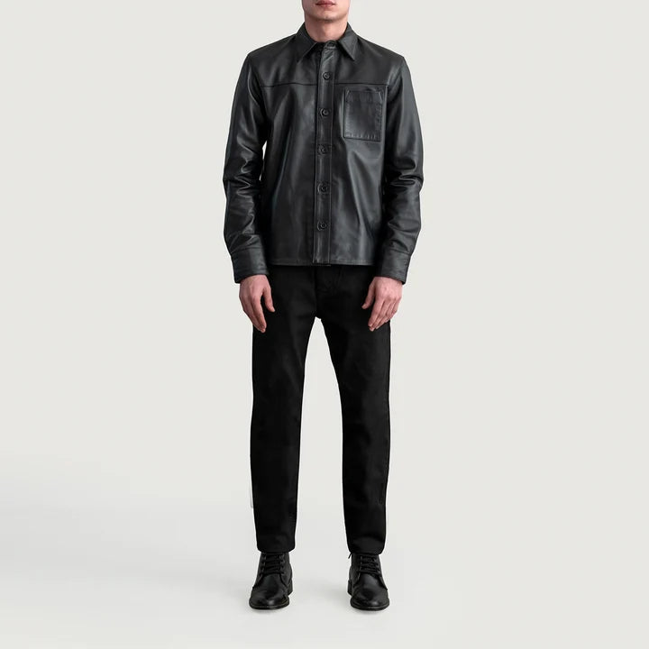 Front standing view of Scout Black Leather Shirt paired with black jeans