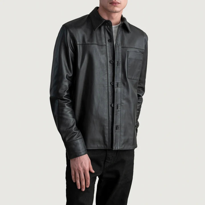 Side front view of Scout Black Leather Shirt