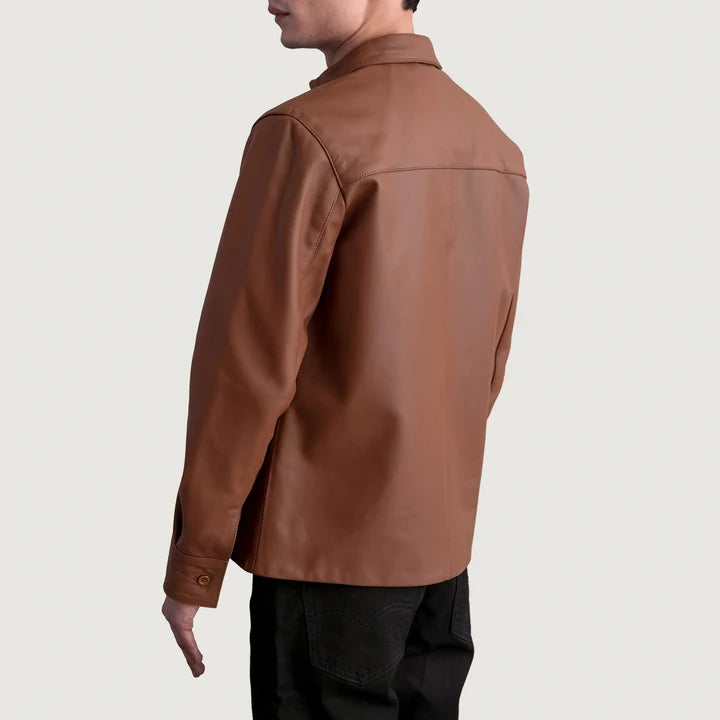 Back side view of Scout Matte Brown Leather Shirt