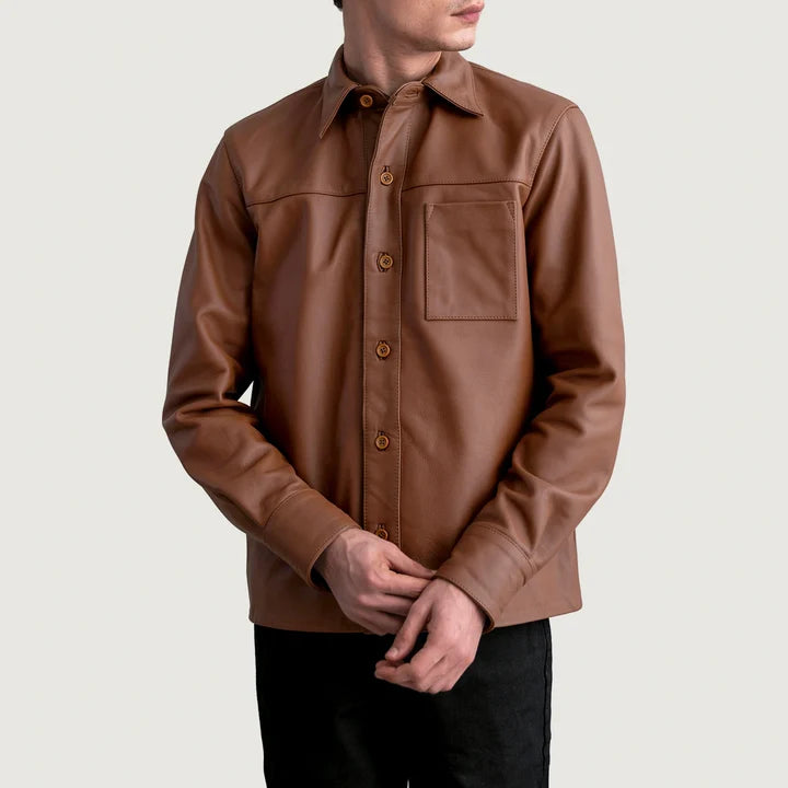 Male model wearing Scout Matte Brown Leather Shirt full length shot