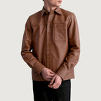 Male model wearing Scout Matte Brown Leather Shirt full length shot