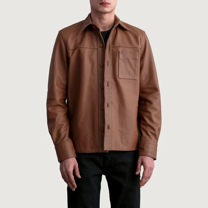 Full front view of Scout Matte Brown Leather Shirt on male model