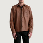 Full front view of Scout Matte Brown Leather Shirt on male model