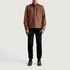 Front standing view of Scout Matte Brown Leather Shirt paired with black jeans
