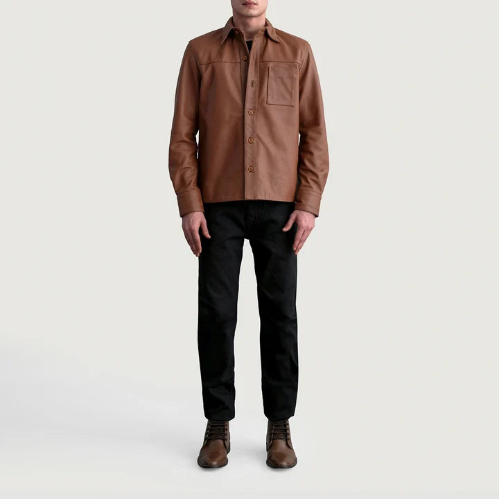 Front standing view of Scout Matte Brown Leather Shirt paired with black jeans