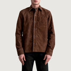 Front view of a man wearing Scout Mocha Suede Leather Shirt over a white t-shirt