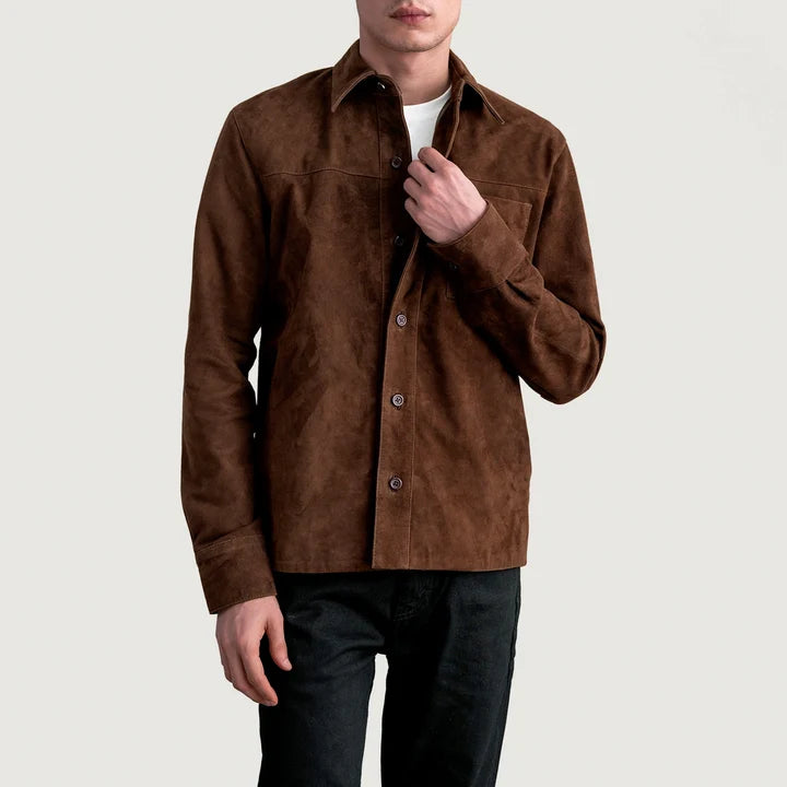 Male model wearing Scout Mocha Suede Leather Shirt full length pose