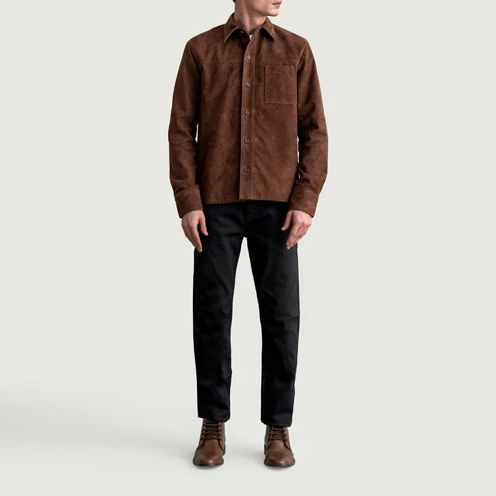 Front standing view of Scout Mocha Suede Leather Shirt paired with dark jeans