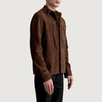 Side front view of Scout Mocha Suede Leather Shirt